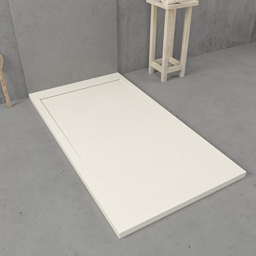 VAROBATH | Plato de Ducha URBANSTONE – Material Resina con Carga Mineral y Textura Pizarra Antideslizante C3 – Incluye Válvula Desagüe y Rejilla (Blanco Roto RAL9001, 80x180)