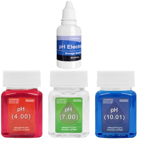 Homcoice Kit de Solución Calibración pH universal (4.00, 7.00 y 10.01), 50 ml Solución de Calibración pH y 30 ml Solución Almacenamiento Sonda pH(KCL) para Medidores pH