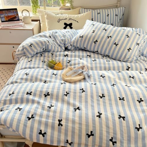 Covebett Bettwäsche 220x240 Weiß mit Blau Streifen Schwarz Schleifen Mädchen Microfaser Bettbezug Set 3teilig Weich Kuschelig Gestreift Deckenbezug und 2 Kissenbezug 80x80 mit Reißverschluss
