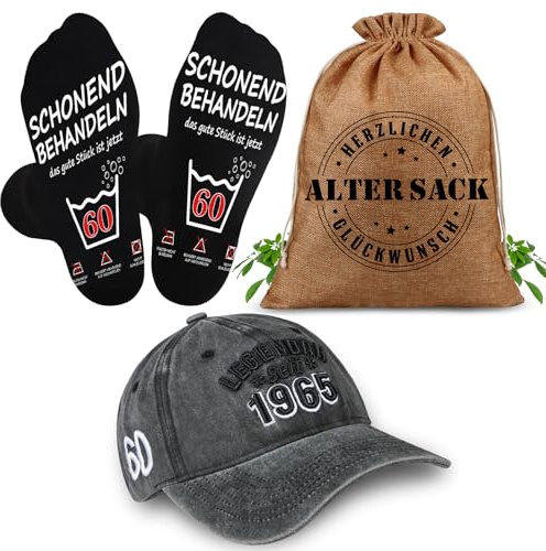TUZELIYA Geschenk für 60 Geburtstag Mann - 60 Geburtstag Männer 3 in 1 Geschenkset Alter Sack Geschenkbeutel mit Baseball Cap und Socken - 60 Jahre Geschenk 1965