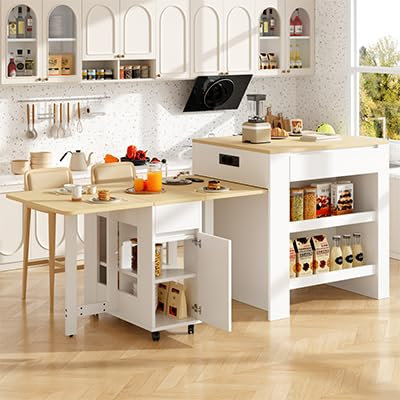 ModernLuxe Isla de cocina Mesa de bar extensible con espacio de almacenamiento (110-214 × 78 × 97,5 cm), con 2 cajones, 2 estantes abiertos y enchufe integrado, para 2-6 personas, color blanco