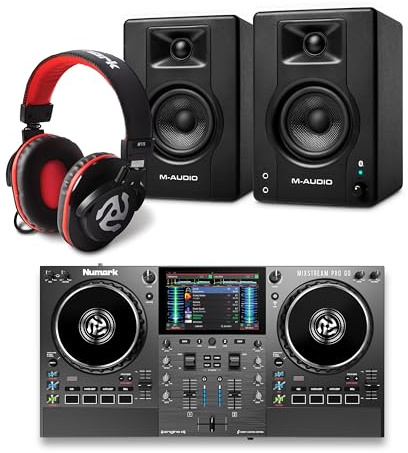 Numark Mixstream Pro Go DJ Controller and M-AUDIO BX3 Pair Bluetooth Studio Monitors with Headphones for Studio Recording, Music Production, Podcasting, Streaming