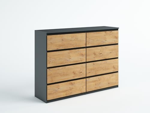 Masseno Kommode NUDO 120 cm Sideboard mit 8 Schubladen und Türen für Wohnzimmer Schlafzimmer Modern 120x39x101,5 cm Anthrazit/Eichefarben