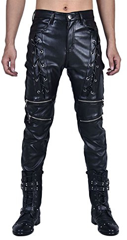 Idopy New Men`s Biker Style Black Faux Leather Trousers Front Lace UP Pants(Size: W36 90cm(35.4inch))
