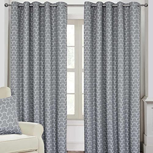 HOMESCAPES Grey Geometric Blackout Curtains Pair Width 167cm (66) x 137cm (54) Drop Genuine 3 Pass Blackout Lining Heavy Weight Jacquard Eyelet Curtain