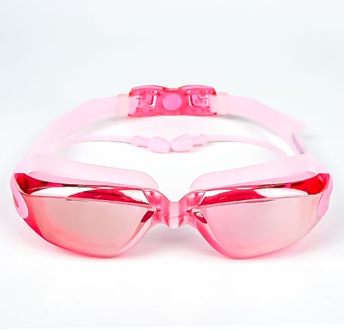 Hersvin Gafas de Natación Anti-UV Antivaho con Puente Nasal Extraíble, Tapones para Los Oídos Siameses para Adultos Hombres Mujeres Niños (Rosado)