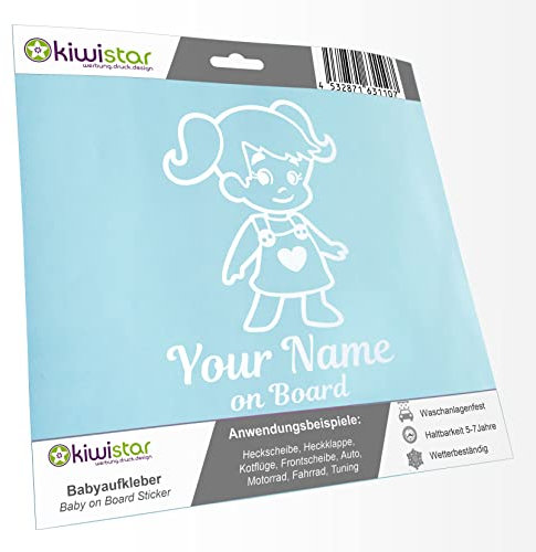 Kiwistar - Babyaufkleber - Mattweiß - Mädchen Zöpfe Herz Sticker - mit Wunschtext individuell personalisiert + on Board 15cm - für Auto, Motorrad, Fahrrad, Tuning