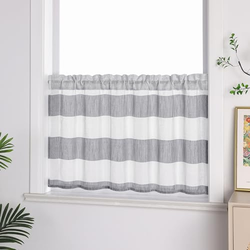 ESLIR Gestreifte Küche Gardine Scheibengardine Tunnelzug Bistrogardine Landhaus Kurzgardine Halbtransparent Leinen Grau HxB 45x135cm 1 Stück