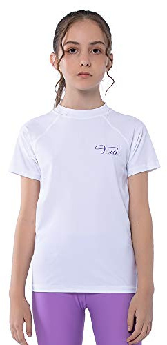 TIZAX Camiseta Natación con Protección Solar para Niñas Traje de Baño de Manga Corta Rashguard para Surf/Nadando/Buceo/Playa Blanco 6 años