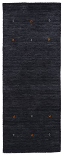 carpetfine Wollteppich Gabbeh Uni Läufer Schwarz 80x450 cm | Moderner Teppich für Wohn- und Schlafzimmer