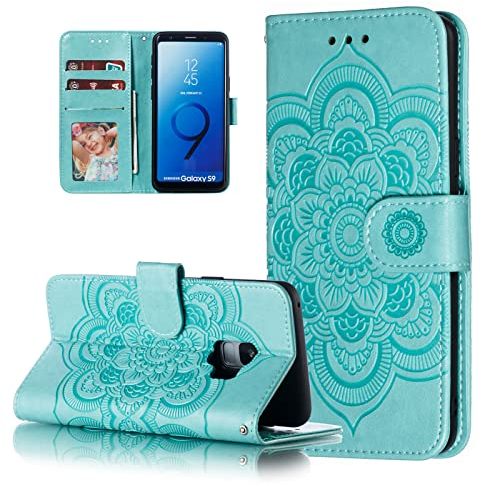 EYZUTAK Mandala Hülle für Samsung Galaxy S9 Plus,Premium PU Leder Flip Brieftasche Kartenfächern Holder Magnetic Ständer Schutzhülle Handyhülle Ultra Slim Case mit Lanyard, Prägung Klapphülle-Grün