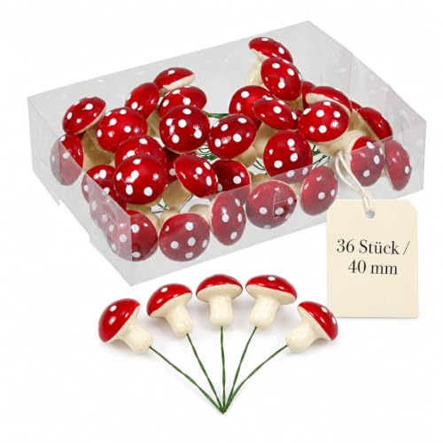 Set Mini-Pilze Fliegenpilze am Draht, Weihnachtsdeko Herbstdeko Tischdeko DIY Basteln Feengarten Blumentöpfe Bonsai Dekoration Glücksbringer, Rot-Weiß (40 mm, 36)