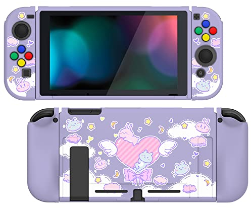 PlayVital Hülle für Nintendo Switch Konsole Joycon,weiche TPU Slim Case Hülle Tasche Schutzhülle Zubehör für Switch Joy Con Konsole mit bunten ABXY/Richtung-Knöpfe Kappen(Hase & Bär)