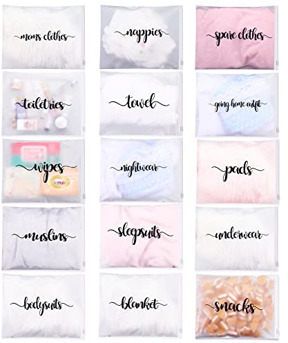 Boao 15 Stück Krankenhausbeutel für Arbeit und Lieferung, 27,9 x 35,6 cm, Wickeltasche, wiederverschließbare Mutterschaftskrankenhausbeutel (schwarzer Buchstabe)