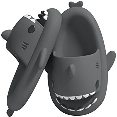 Puimentiua Damen Hai Hausschuhe Schlappen,Shark Slippers Slides,Herren Sharky Schuhe Latschen,Lustig Haifisch Badelatschen | 02- Dunkelgrau,44-45 EU