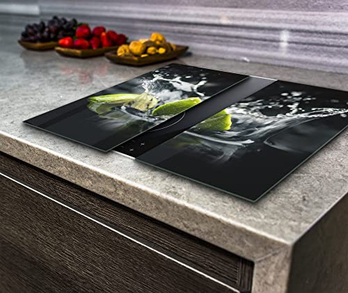 Va Art Glass Hob Cover Induction Electric Cooker Chopping Board Glass Set 2 , Lime on The Black Background (2X Wide 30 x Height 52 /cm)