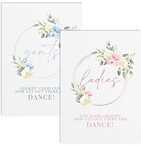 Set of 2 Ladies and Gents Wedding Toiletry Bathroom Basket Signs in Pink and Blue Florals - A5