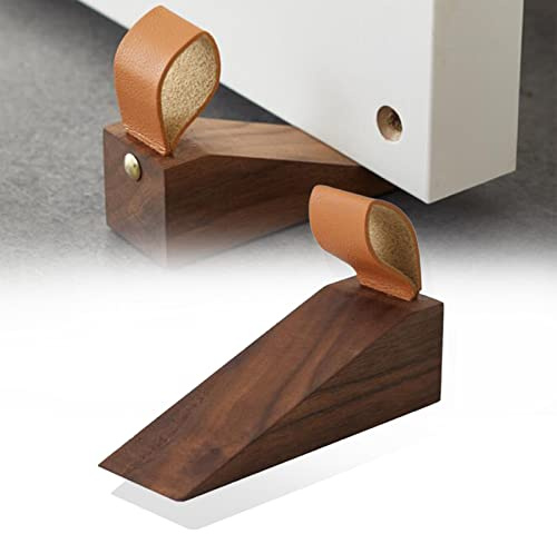Solid Wooden Door Stopper, Walnut Security Door Non-Slip Stops with Hanging PU Band for Home Room Office, Fit for Door Bottom Seam 0.2 - 1