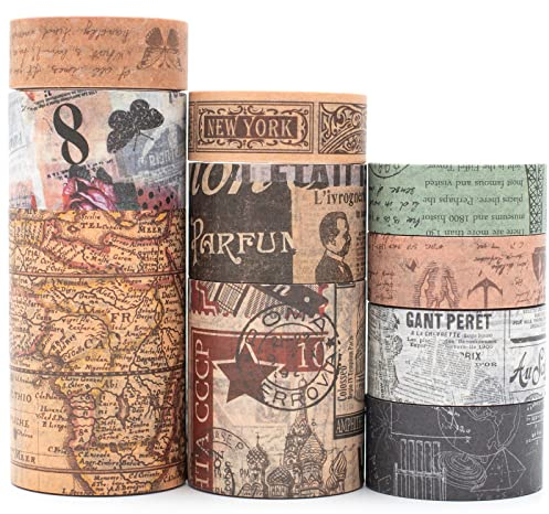 YUBX Vintage Washi Tape Set 10 Rollen Breit Dekorative Antik Karte Stempel Zeitung Masking Tapes Klebeband Bunt für Kunst, DIY Handwerk, Tagebuch, Planer, Scrapbook, Verpackung