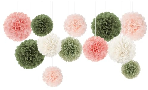 NICROHOME 12 Salbeigrün Pompons Deko, Grün Gartenparty Deko Draußen, Babyshowerparty Dschungel Geburtstag Deko