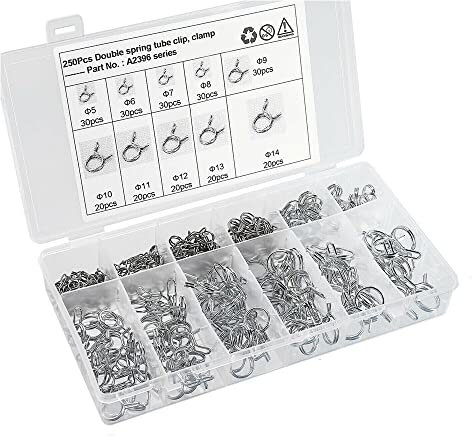 OrangeClub 250 Stück Schlauchschellen Edelstahl Set 5~14mm Benzinschlauch Federklemmen Für Garten, Waschmaschine, Pool
