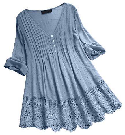 Tunika Damen Sommer Longbluse Luftig Oversize Damenshirt 3/4 Arm Elegant Bluse Weiße Lagenlook Vintage Große Größen Oberteile Tops Tunika Hemd Tshirt Longshirt