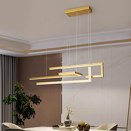 Bellastein Moderne Rechteck-Pendelleuchte Dimmbar Esstisch Hängelampe Modern Personalisiertes Design Mit Fernbedienung Deckenleuchte Wohnzimmer Esszimmer Büro lampe (Gold, L100cm/60W)