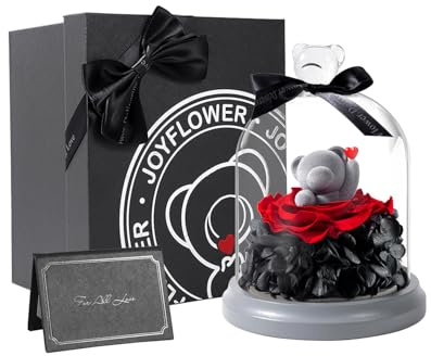 JoyFlower Preserved Flowers with Teddy Bear in Glass Gift, Eternal Rose Gifts for Girlfriend, Preserved Rose Bear with Gift Box for Wife Mom Her on Birthday, Valentine's Day, Mother's Day, Anniversary