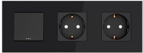 PULSAR Wechselschalter mit Steckdose x2 Schwarz Glas 3-Fach, Lichtschalter mit Doppelsteckdose mit Kindersicherung Unterputz 16A 228 x 86mm