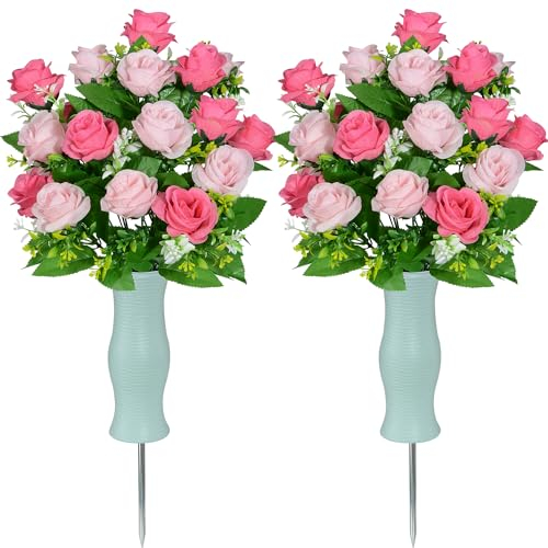 AOFOX Fiori artificiali del cimitero con vaso, fiori di pietra funebre Mazzo di rosa, fiori commemorativi del cimitero per gli arrangiamenti della tomba Set di 2 (Rosa)