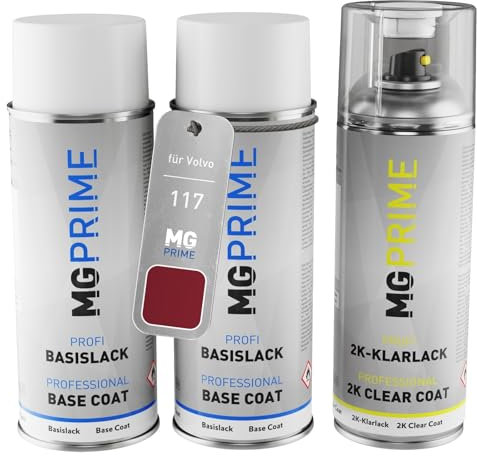 MG PRIME Autolack 2K Spraydosen Set für Volvo 117 Dunkelrot/Dark Red Grundlack Basislack 2 Komponenten Klarlack Sprühdose