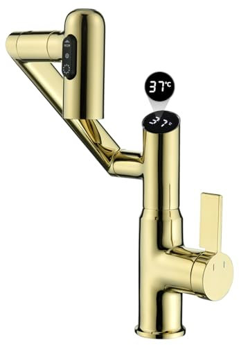 Temperature Bathroom taps,2 Sprays,No Electrical Temperature Display Single Handle Bathroom taps,Bathroom Sink taps (Temperature Display, Gold)
