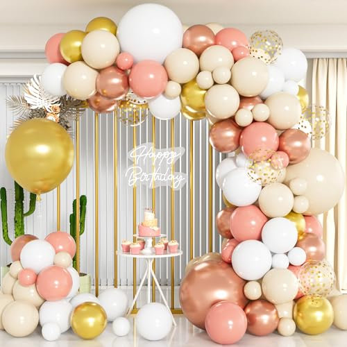 Rose Gold Balloons Arch Kit, 102PCS Retro Pink Sand White Balloons Arch Garland Kit, Metallic Gold Rose Gold Confetti Balloons for Women Girls Birthday Party Wedding Engagement Anniversary