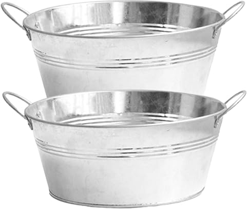 XJKLBYQ Galvanisierter Pflanzer 2PCs Große runde, verzinkte Wanne mit stabilen Griffen 9,76 x 4,33 Zoll Metall Pflanzer Zinkwanne zum Pflanzen, Getränkekühler, Eiseimer, Metallpflanzer