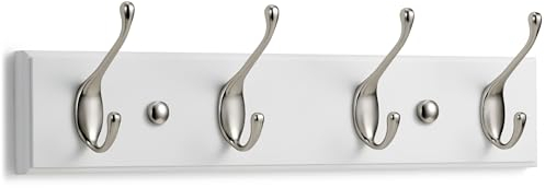 LARHN Appendiabiti da Parete Bianco – 4 Ganci Doppi – 42 cm – Attaccapanni da Muro Moderno in Legno per Ingresso, Cameretta e Bagno
