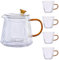 TAMUME Juego de té de cristal: 1 tetera de cristal y 4 tazas de té con tiras verticales, diseño ergonómico para uso con una sola mano