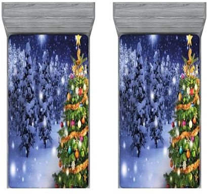 ABAKUHAUS Weihnachten Spannbettlaken-Set, Elf Noel Theme winterliche, Bettbezug mit Rundum-Gummizug tiefer Einschub 2 Stück, 90cm x 200cm, Königsblau Grün