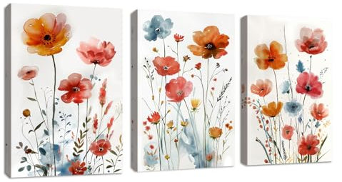 3Pcs Moderne Fleur Sauvages Tableau Décoration Murale Salon Impression sur Toile Orangerouge Encre Fleurs Image sur Toile Abstraite Peintures sur Toile Décoration Murale pour Chambre Maison 30x40cmx3