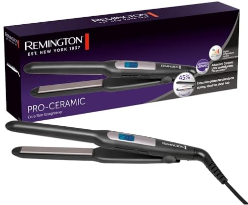 Remington S5515 Plancha de Pelo Extra Fina Pro-Ceramic para cabello corto, barba y cortes tipo pixie, placas flotantes, revestimiento cerámica avanzada, 9 ajustes de temperatura 150-230°C