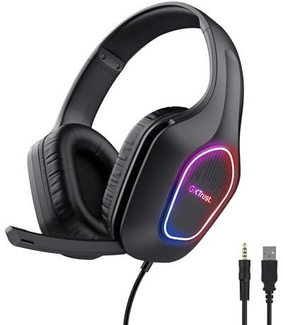 Trust Gaming GXT 419 Rayne Cascos Gaming Ligeros para PC/Consola, Iluminación LED Alimentada por USB, Drivers de 50 mm, Conexión 3.5 mm, Micrófono Plegable, Auriculares con Cable Over-Ear, Negro