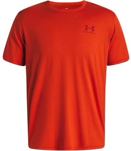 Under Armour Men's Sportstyle Left Chest Short Sleeve, Soft and Comfortable Men's T-Shirt with Logo Design, Lightweight and Fast-Drying Sportswear,Surplus Orange / / Cinna Red,LG