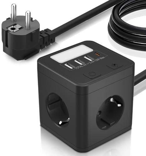 Steckdosenwürfel USB C, 4Fach Steckdosenleiste mit Nachtlicht, Würfel Mehrfachsteckdose mit Schalter, Mehrfachstecker Verteilersteckdose Zuhause Büro, 1,5m Kabel, Schwarz