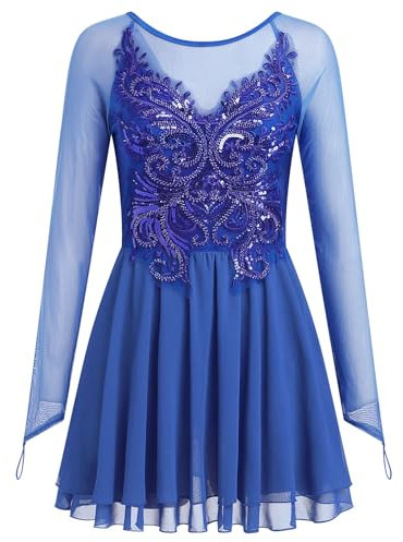 FYMNSI Damen Tanzkleid Eiskunstlauf Kleid Langarm K�rkleid Rollkunstlauf Wettbewerb Tanzanzug mit Pailletten Blumen Mesh Chiffon Rock Ballettkleid Gymnastik Leotard Turnanzug Tanzkost�m K�nigsblau M