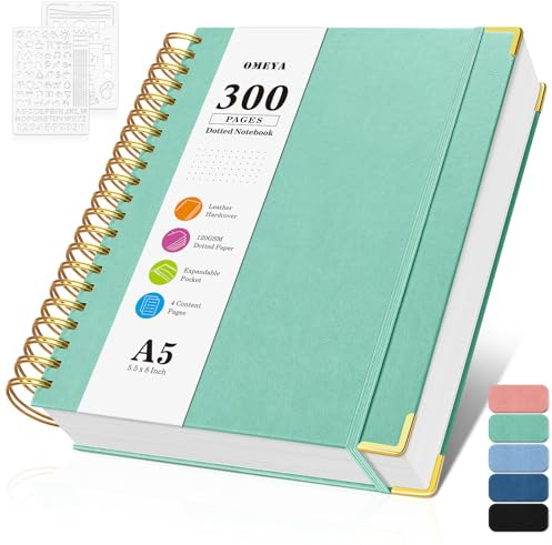 Notizblock, Notizbuch A5 Gepunktetes, Bullet Dotted Journal, Notizbücher mit 300 Seiten, 120GSM, Hardcover Leder spiralbindung Dot Journal für Frauen und Männer,Großes Notizbuch für Arbeit Büro Schule