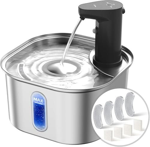 Wireless Cat Water Fountain Stainless Steel with Auto Shut-Off Pump + 4 Filters, 108oz 3.2L 5000mah Battery Operated Cat Water Fountain Cordless, Automatic Water Dispenser with Motion Sensor for Cats