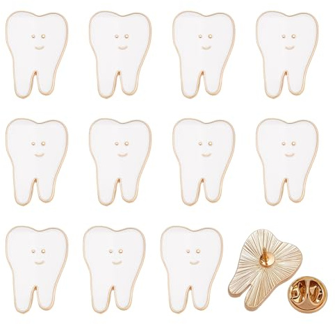 FINGERINSPIRE 12 Stück Zahnnadeln Niedliche Cartoon Zahnarzt Emaille Pins 1.75x2.5 CM Weiße Lächeln Zahnbrosche Lustige Zahn Reversabzeichen Für Kleidung Hüte Rucksäcke Jacken