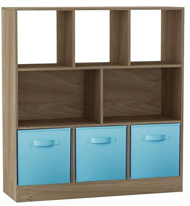 URBNLIVING Asymmetrical 8 Cube Oak Bookcase Storage Unit with 3 Fabric Drawer Inserts – Wooden Display Shelf for Home, Office, or Bedroom Organization Sky Blue
