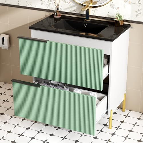 inliCare Meuble sous Lavabo avec Vasque en Céramique – Armoire de Salle de Bain à Simple Vasque, Meuble Debout en MDF avec Tiroirs, Rangement de Salle de Bain Vert avec Poignées Métalliques