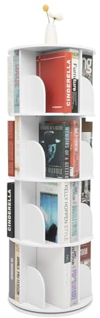 SanBouSi Estantería giratoria de 360 °, 4 niveles ajustables, estantería redonda que ahorra espacio, torre de libros multifuncional para salón, oficina en casa, color blanco, 128 cm
