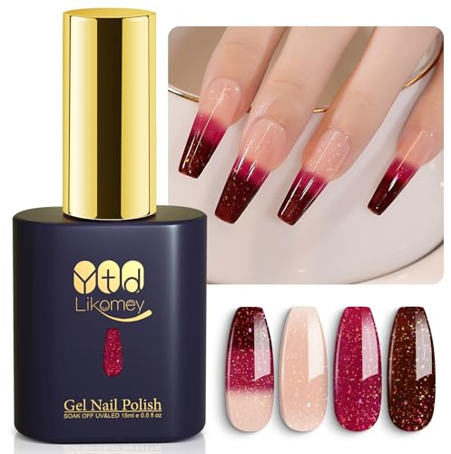 YTD Likomey Iridescent Flakes Color Changing Gel Nail Polish,Triple Thermal 15ml Nude-Watermelon Red-Burgundy Temperature Mood Sparkly Glitter Ombre Gradient UV Nail Gel,WB608